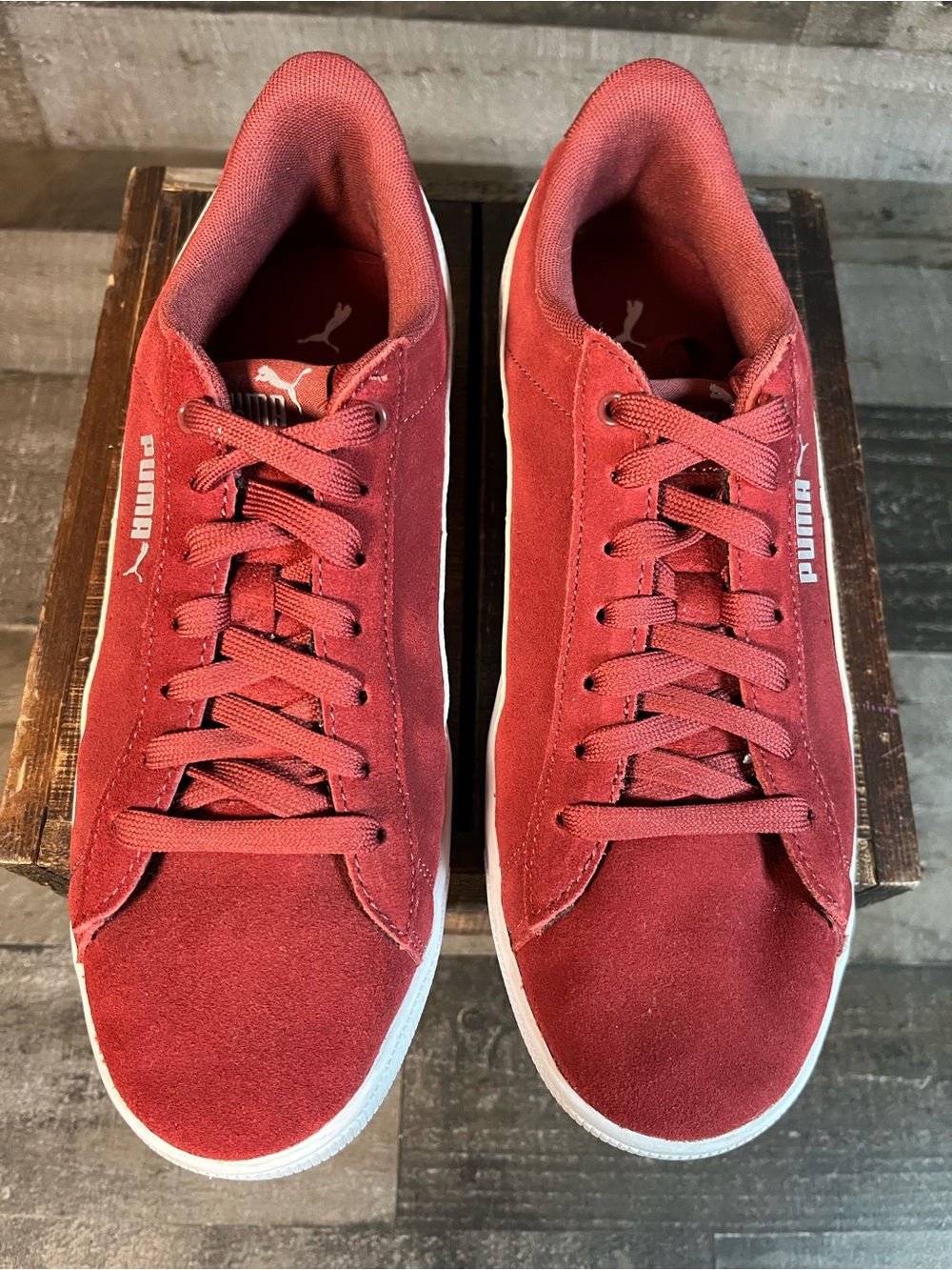 Women’s Puma Smash v2 Suede Burgundy Rhubarb White Size 9